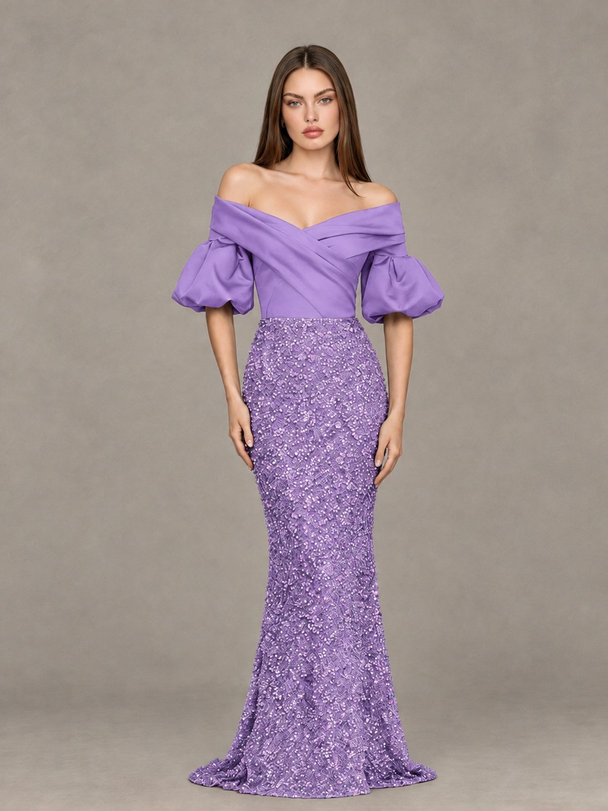 BOLODOO Lavender Off-Shoulder Puff Sleeve Sequin Mermaid Evening Dress - Lavender - Lavender_1