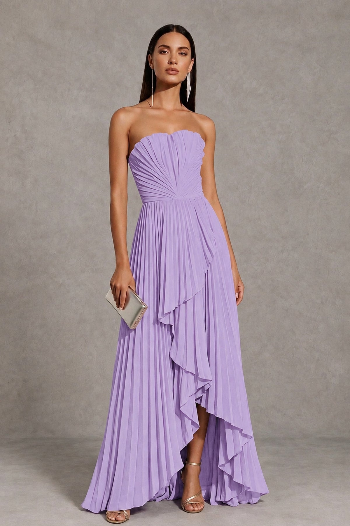 Lavender Strapless Pleated High-Low Evening Gown with Ruffle Hem - Lavender