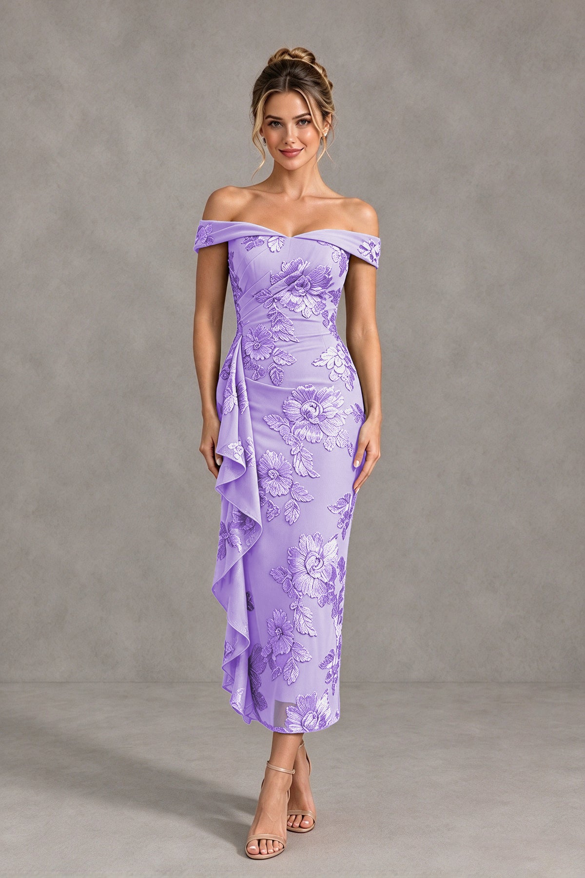 BOLODOO Lavender Off Shoulder Floral Jacquard Midi Dress - Lavender - Lavender(1)