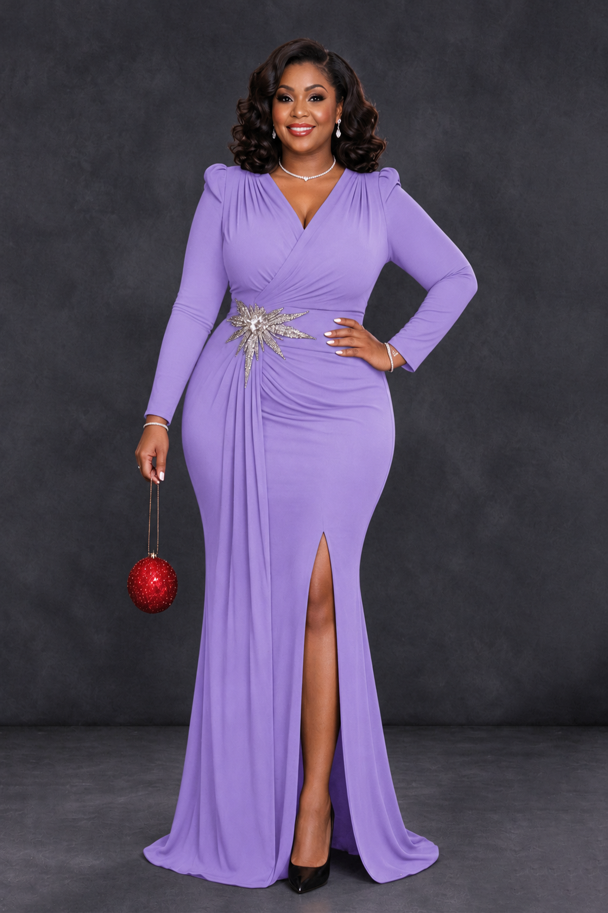 BOLODOO Lavender Plus Size Long Sleeve V-Neck Mother of the Bride Dress with Slit - Lavender - Lavender_1