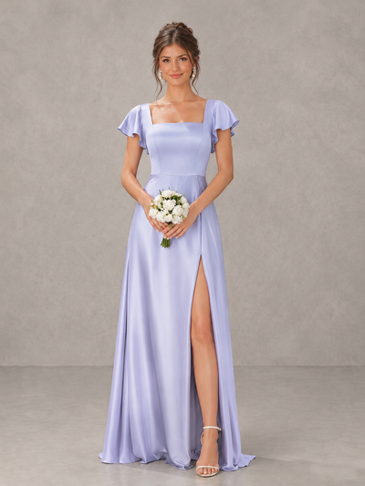 BOLODOO Lavender Satin Square Neck Flutter Sleeve A-Line Bridesmaid Dress with Slit - Lavender - Lavender_1