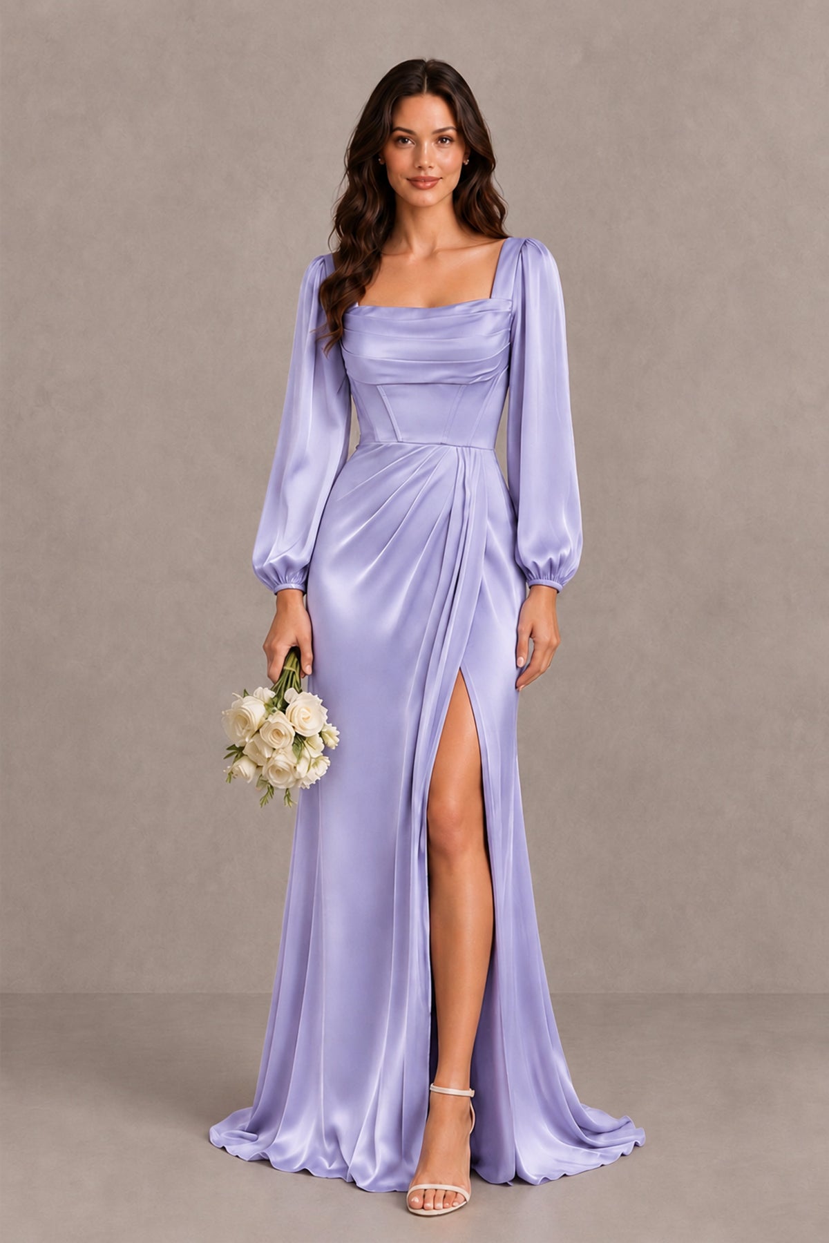 BOLODOO Lavender Satin-Look Long Sleeve Evening Dress with High Slit - Lavender - Lavender_1