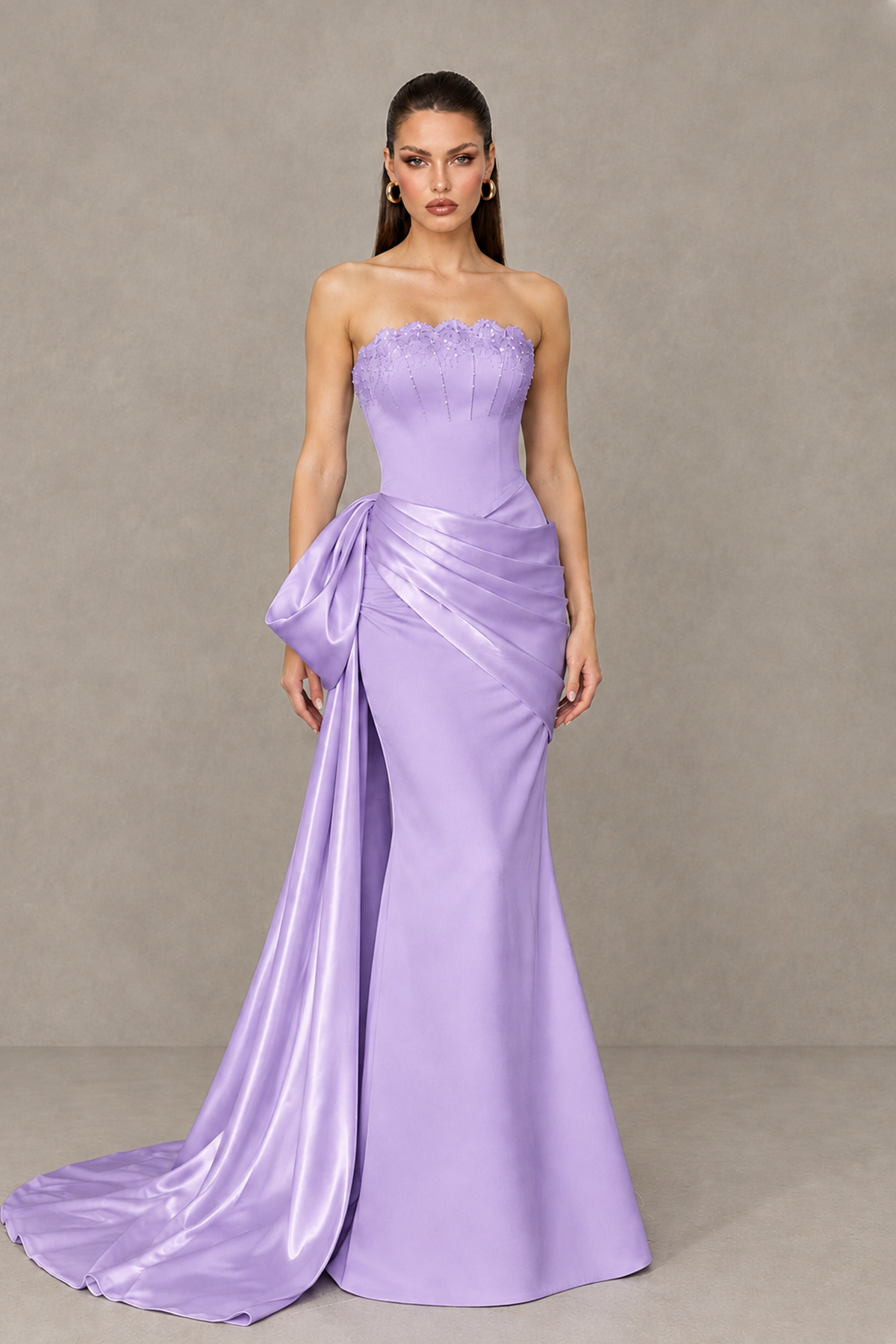 BOLODOO Lavender Strapless Satin Prom Dress with Draped Side Train - Lavender - Lavender_1