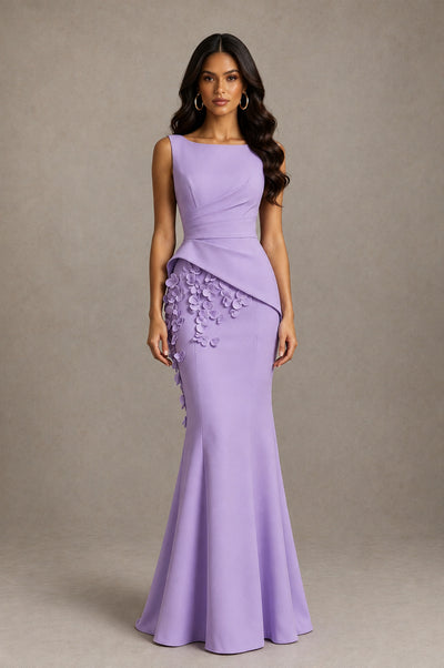 BOLODOO Lavender Bateau Neck Sleeveless Asymmetric Peplum 3D Petal Appliqué Mermaid Gown BD0421 - Lavender - Lavender_1