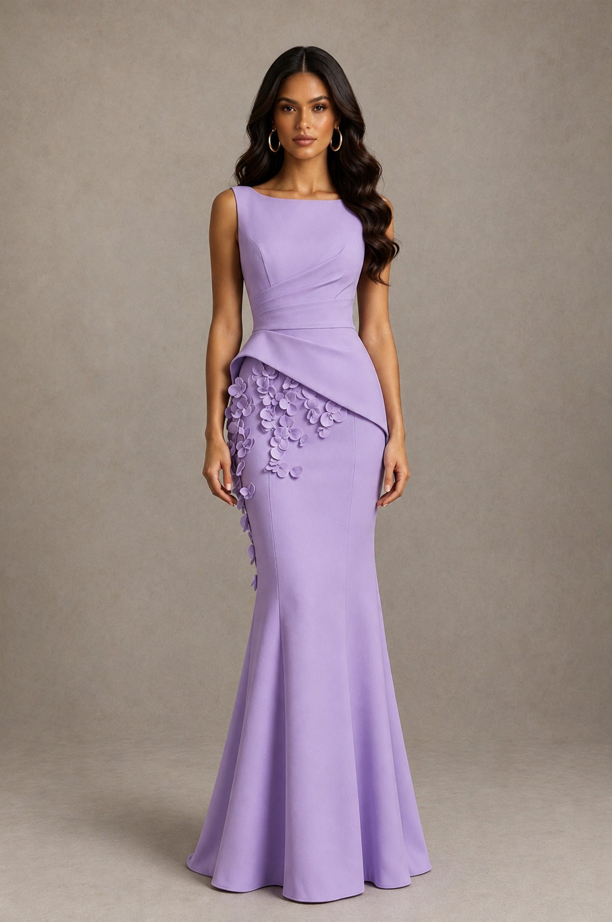 BOLODOO Lavender Bateau Neck Sleeveless Asymmetric Peplum 3D Petal Appliqué Mermaid Gown BD0421 - Lavender - Lavender_1