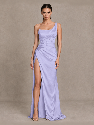 BOLODOO Lavender One Shoulder Satin Evening Gown with High Slit and Sweep Train - Lavender - Lavender_1
