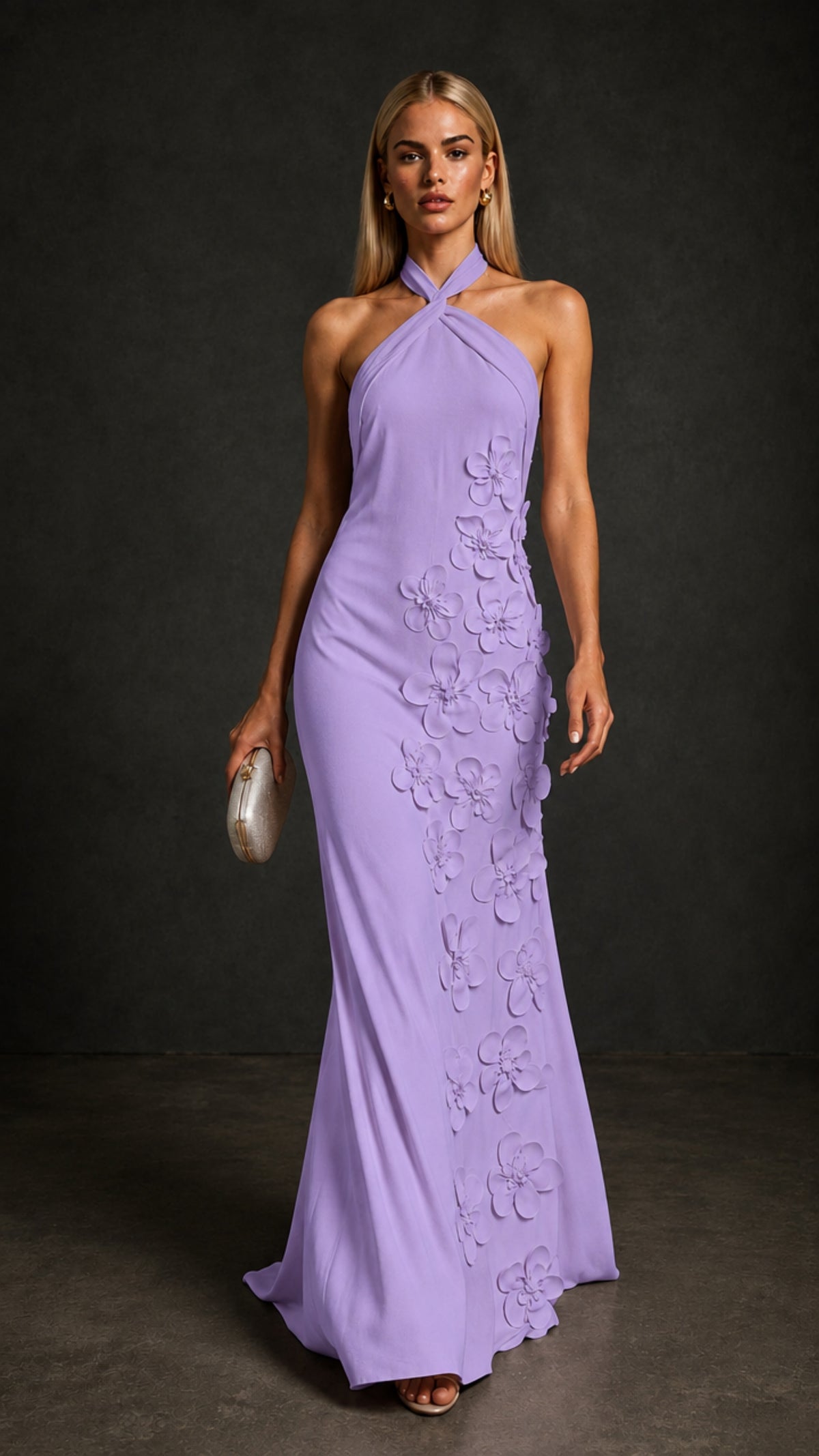 BOLODOO Lavender Cross Halter Neck 3D Floral Appliqué Backless Mermaid Maxi Gown - Lavender