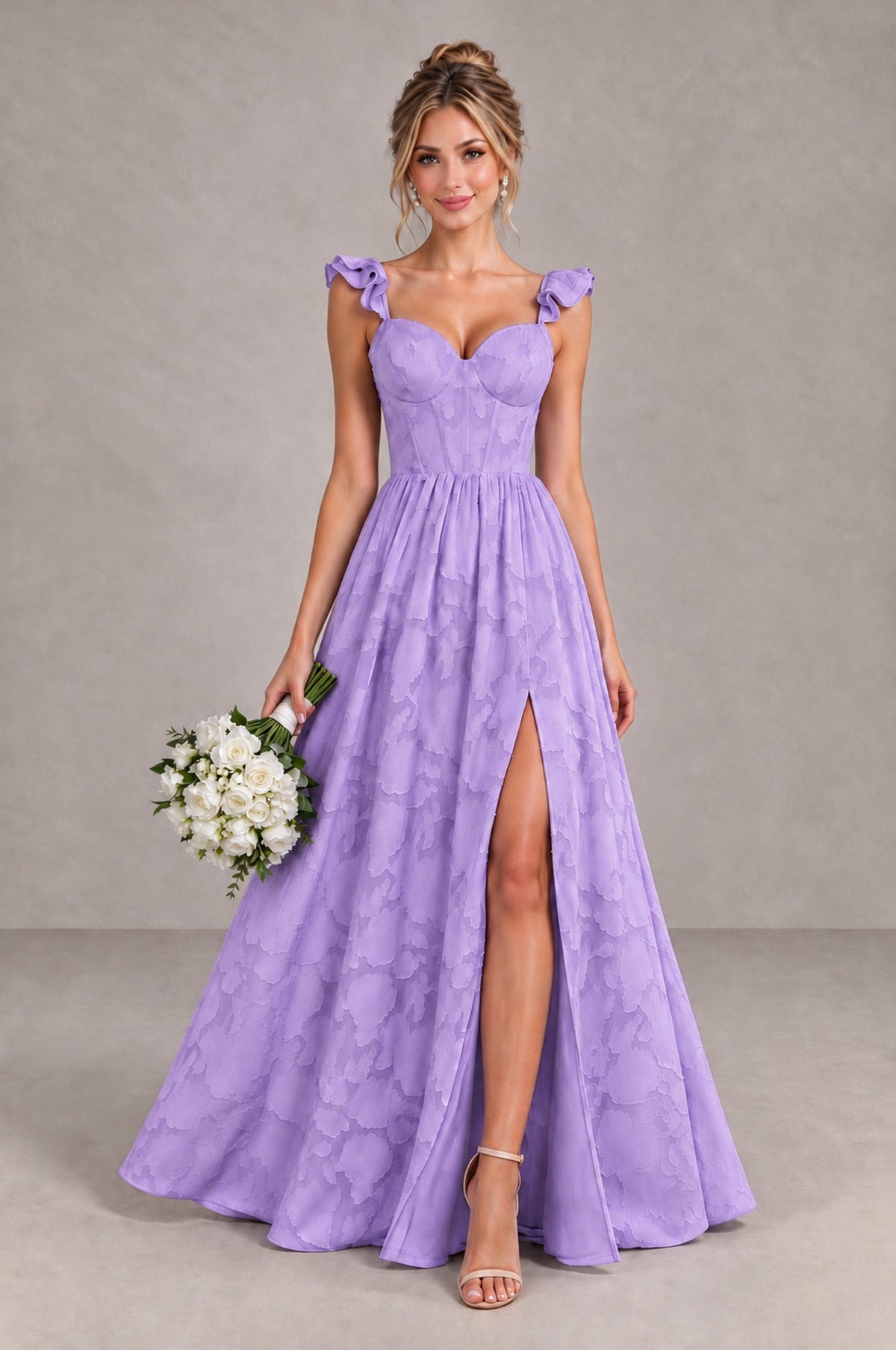 BOLODOO Lavender Floral A-Line Bridesmaid Dress with Slit Ruffle Straps Maxi Gown - Lavender - Lavender_1