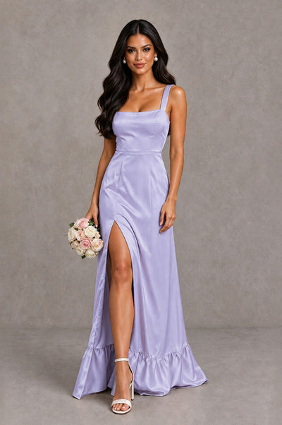 BOLODOO Lavender Square Neck Satin Evening Dress with Lace-Up Back and High Slit - Lavender - Lavender_1