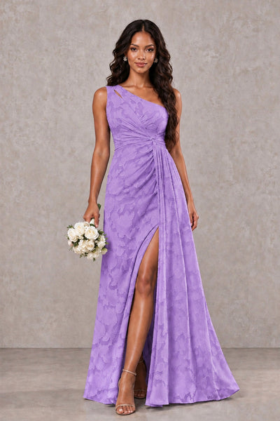 BOLODOO Lavender One-Shoulder Floral Textured Maxi Dress with High Slit - Lavender - Lavender_1