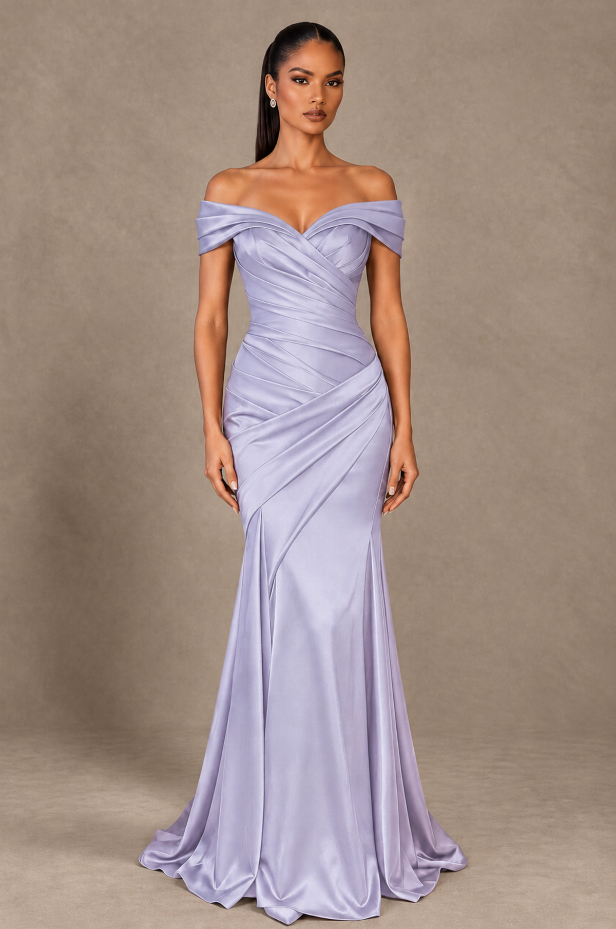 BOLODOO Lavender Off-the-Shoulder Ruched Satin Mermaid Evening Dress - Lavender - Lavender_1