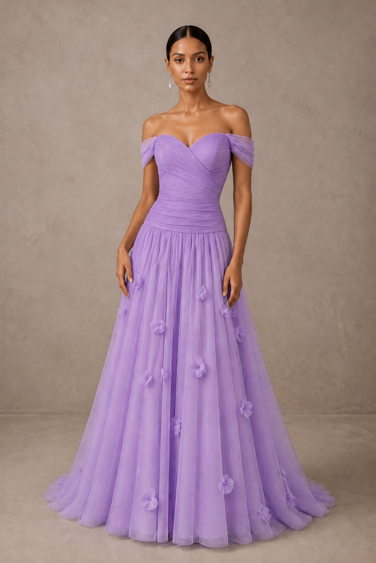 Lavender Off-Shoulder Sweetheart A-Line Tulle Gown with 3D Floral Appliques | BOLODOO - Lavender