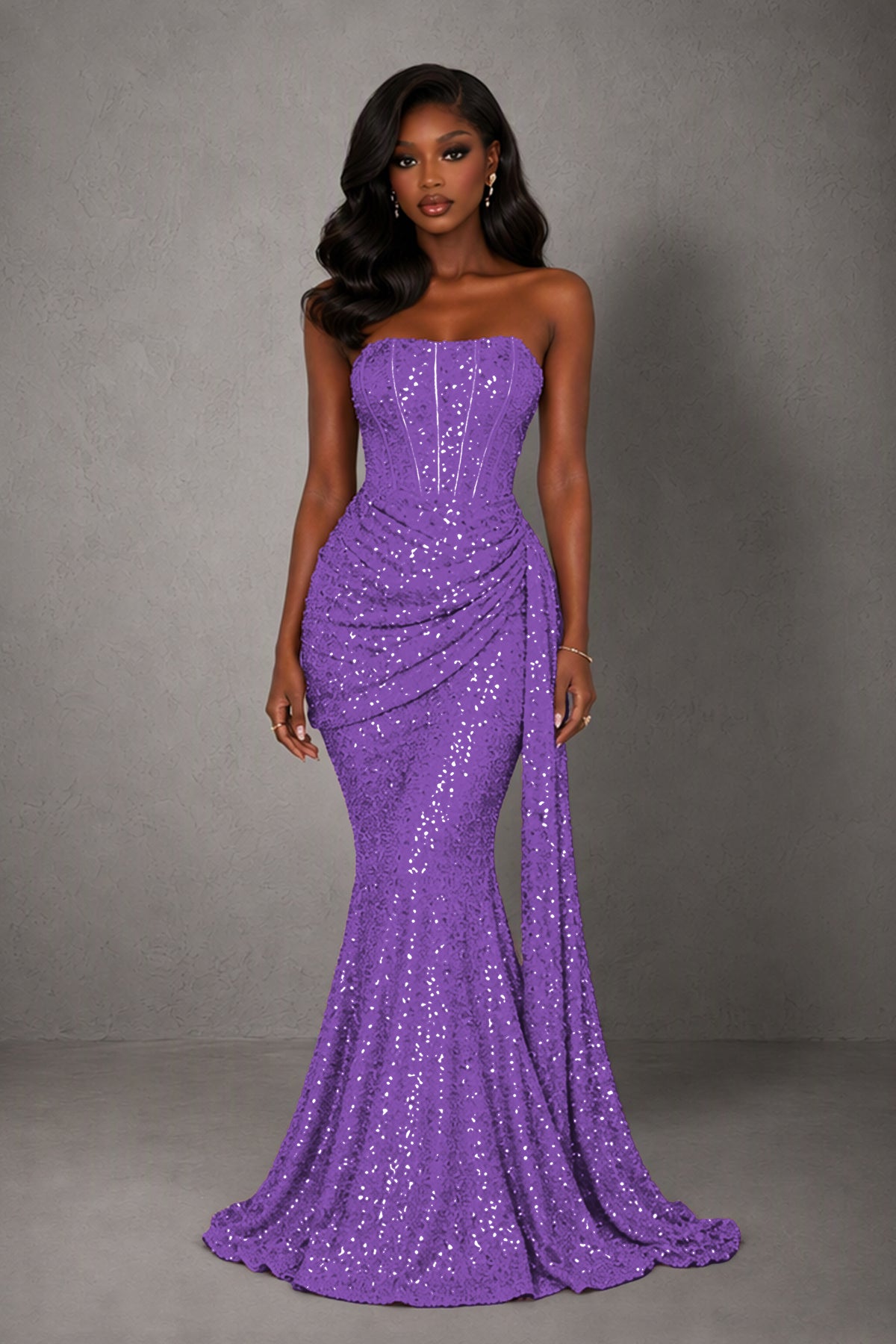 BOLODOO Lavender Sequin Strapless Corset Mermaid Evening Gown with Train - Lavender
