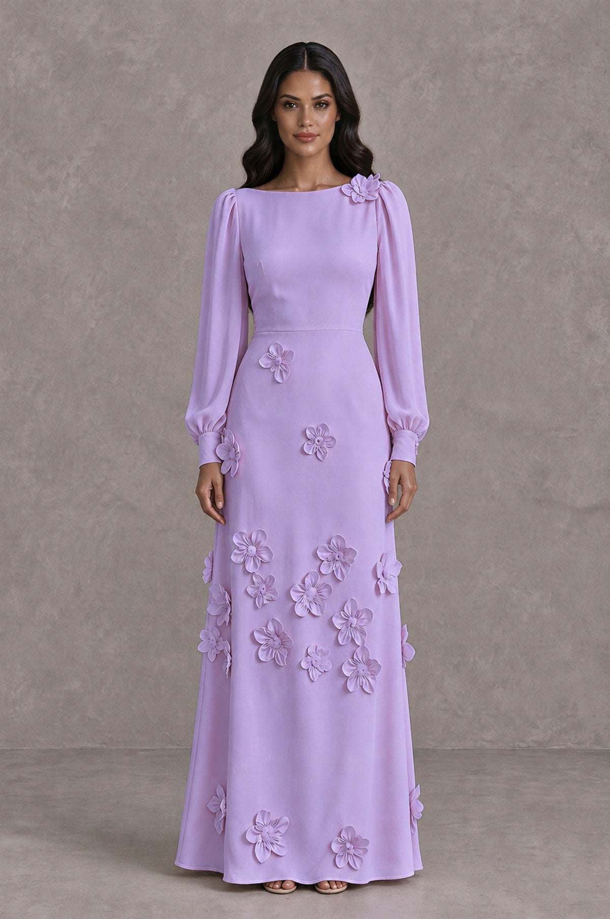 BOLODOO Lavender Long Sleeve Floral Applique A-Line Evening Dress - Lavender - Lavender_1