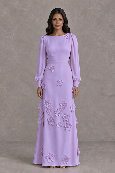 BOLODOO Lavender Long Sleeve Floral Applique A-Line Evening Dress - Lavender - Lavender_1
