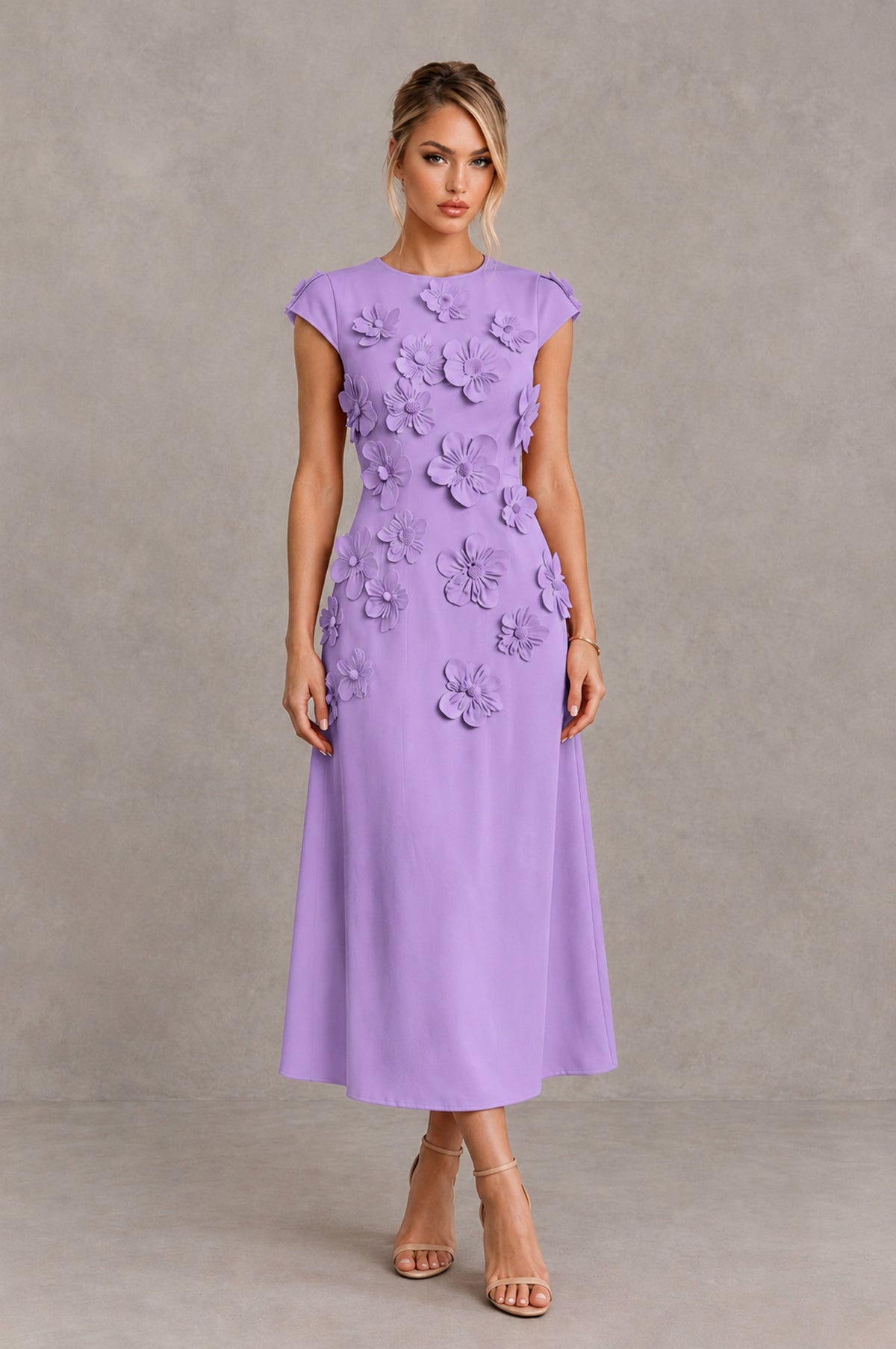 BOLODOO Lavender 3D Floral Cap Sleeve Midi Cocktail Dress - Lavender - Lavender_1