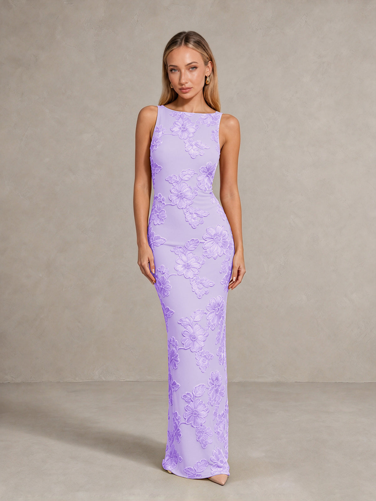 BOLODOO Lavender Floral Sleeveless Maxi Wedding Guest Dress - Lavender - Lavender(1)
