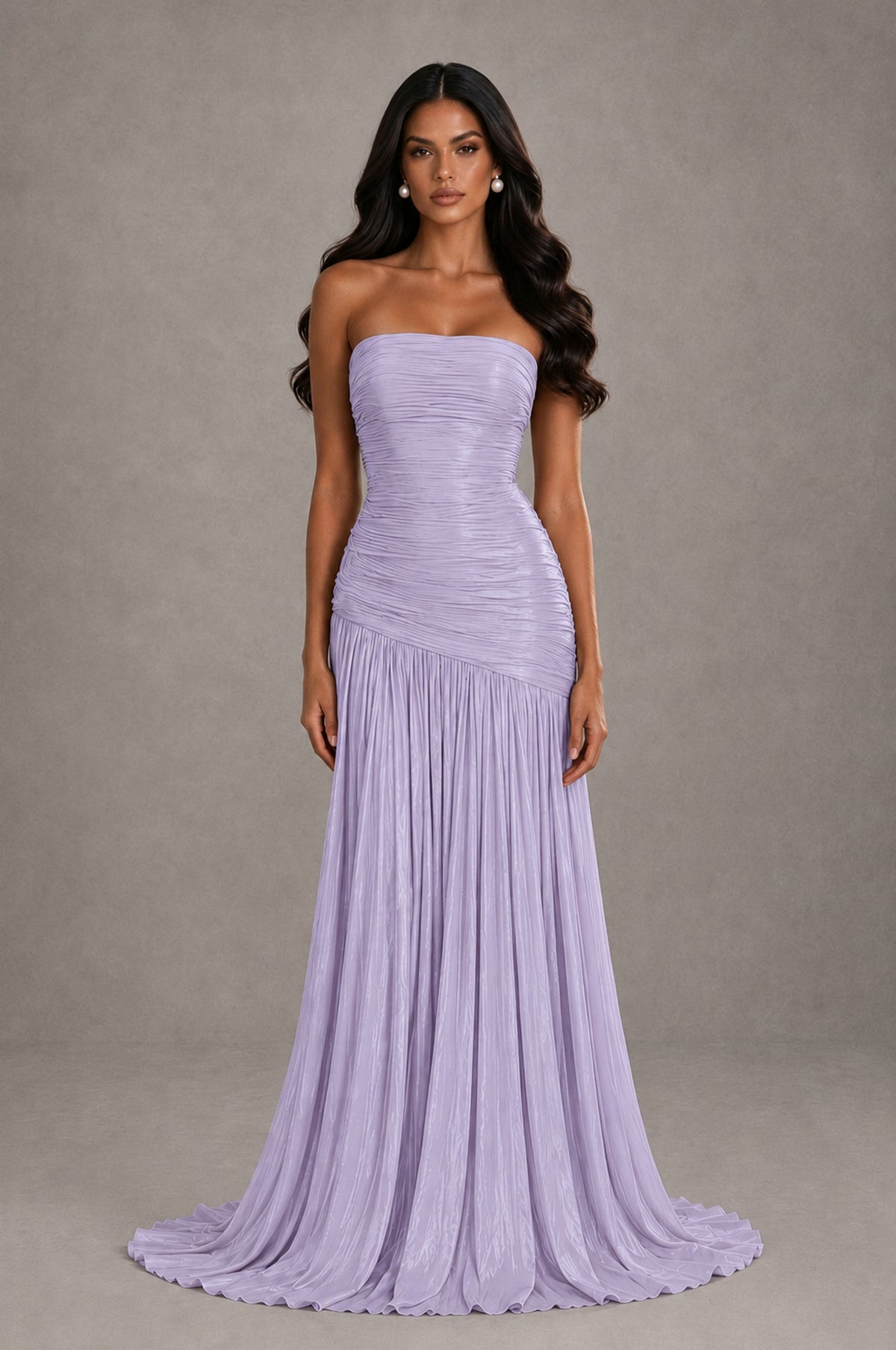 BOLODOO Lavender Metallic Ruched Strapless Pleated A-Line Backless Maxi Dress with Train - Lavender - Lavender_1