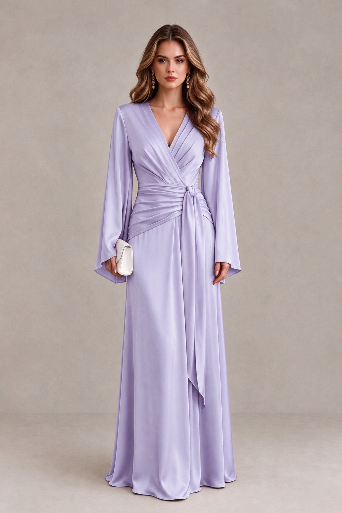 BOLODOO Lavender Yellow Satin-Look V-Neck Long Bell Sleeve Evening Dress - Lavender - Lavender_1