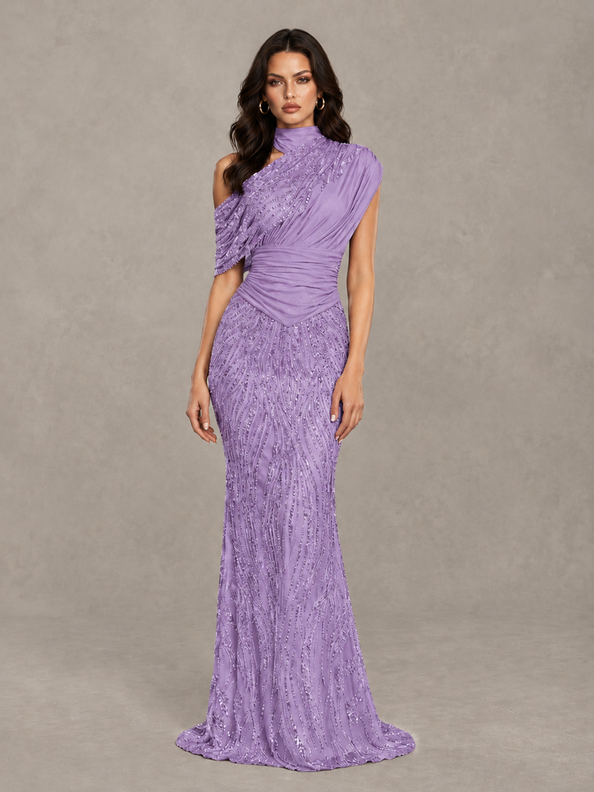 BOLODOO Lavender High Neck Draped Sequin Mermaid Evening Gown - Lavender - Lavender_1