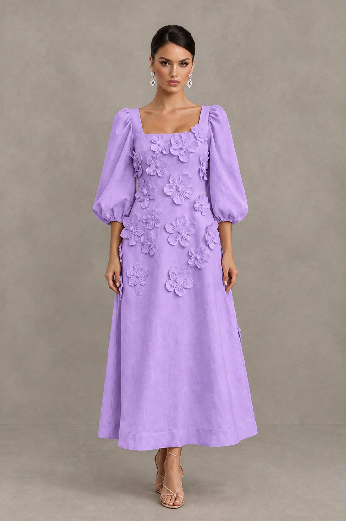 BOLODOO Lavender 3D Floral Puff Sleeve Midi Cocktail Dress - Lavender - Lavender_1
