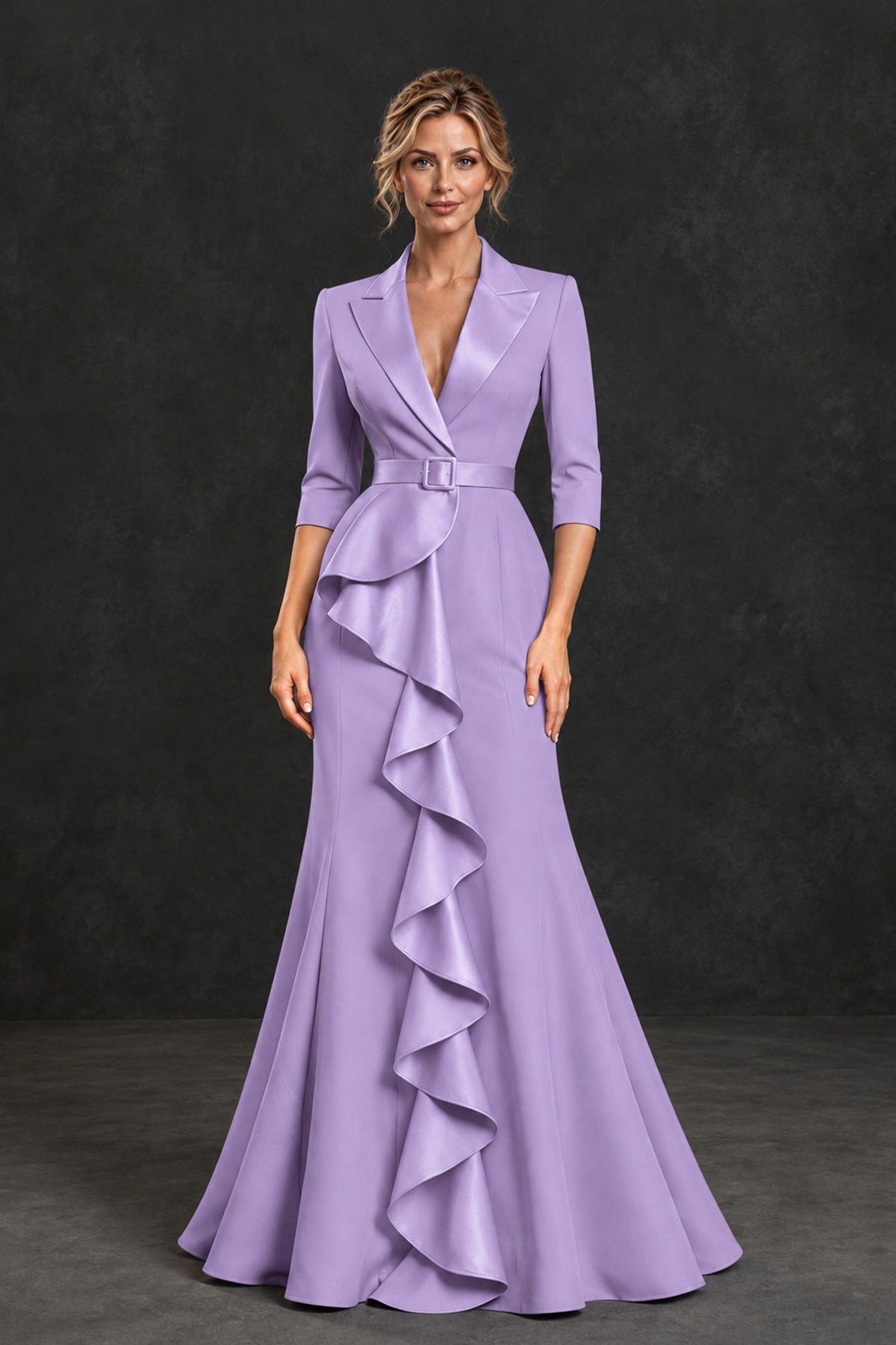 BOLODOO Lavender Lapel Ruffle Mother of the Bride Dress with Belt - Lavender - Lavender_1