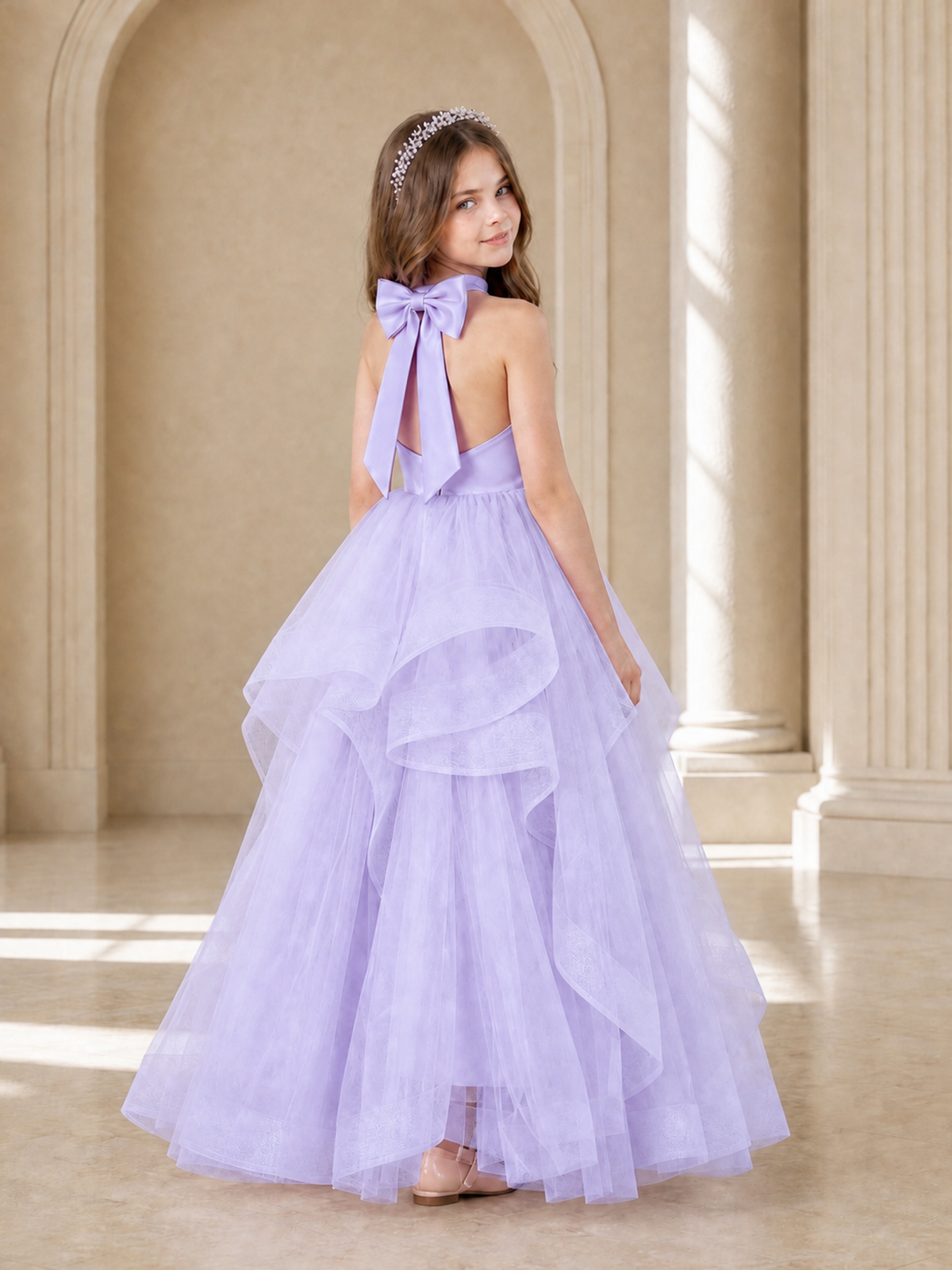 BOLODOO Lavender Halter Tiered Tulle Flower Girl Dress with Bow Back - Lavender - Lavender_1
