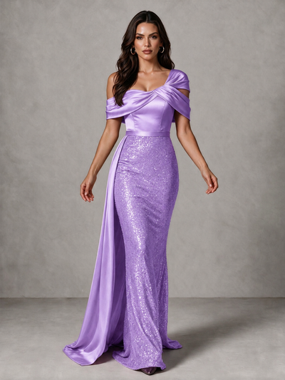 BOLODOO Lavender Sequin Mermaid Evening Dress with Off-Shoulder Satin Drape and Sweep Train - Lavender - Lavender_1