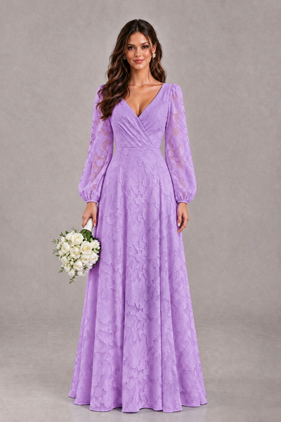 BOLODOO Lavender Long Sleeve V-Neck A-Line Mother of the Bride Dress - Lavender - Lavender_1