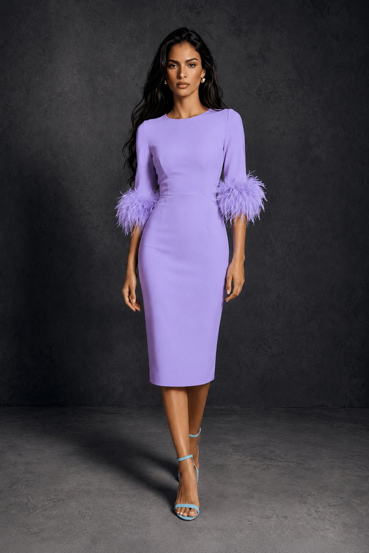 BOLODOO Lavender Ostrich Feather Cuff 3/4 Sleeve Round Neck Bodycon Midi Dress with Back Slit - Lavender