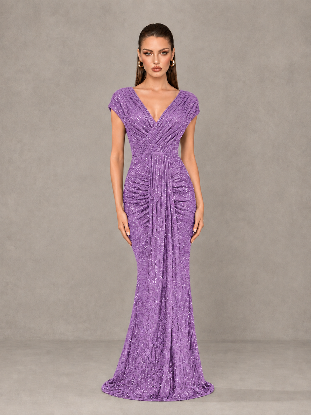 BOLODOO Lavender Glitter V-Neck Cap Sleeve Ruched Mermaid Evening Gown - Lavender - Lavender_1