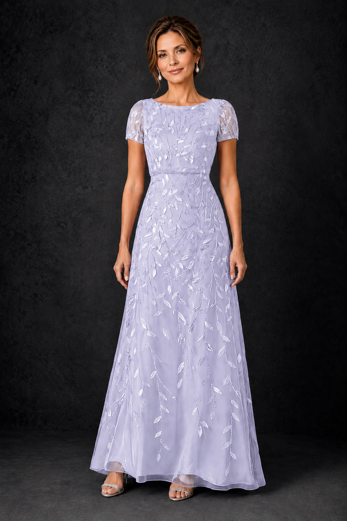 BOLODOO Lavender Leaf Embroidered A-Line Formal Gown with Cap Sleeves - Lavender - Lavender_1