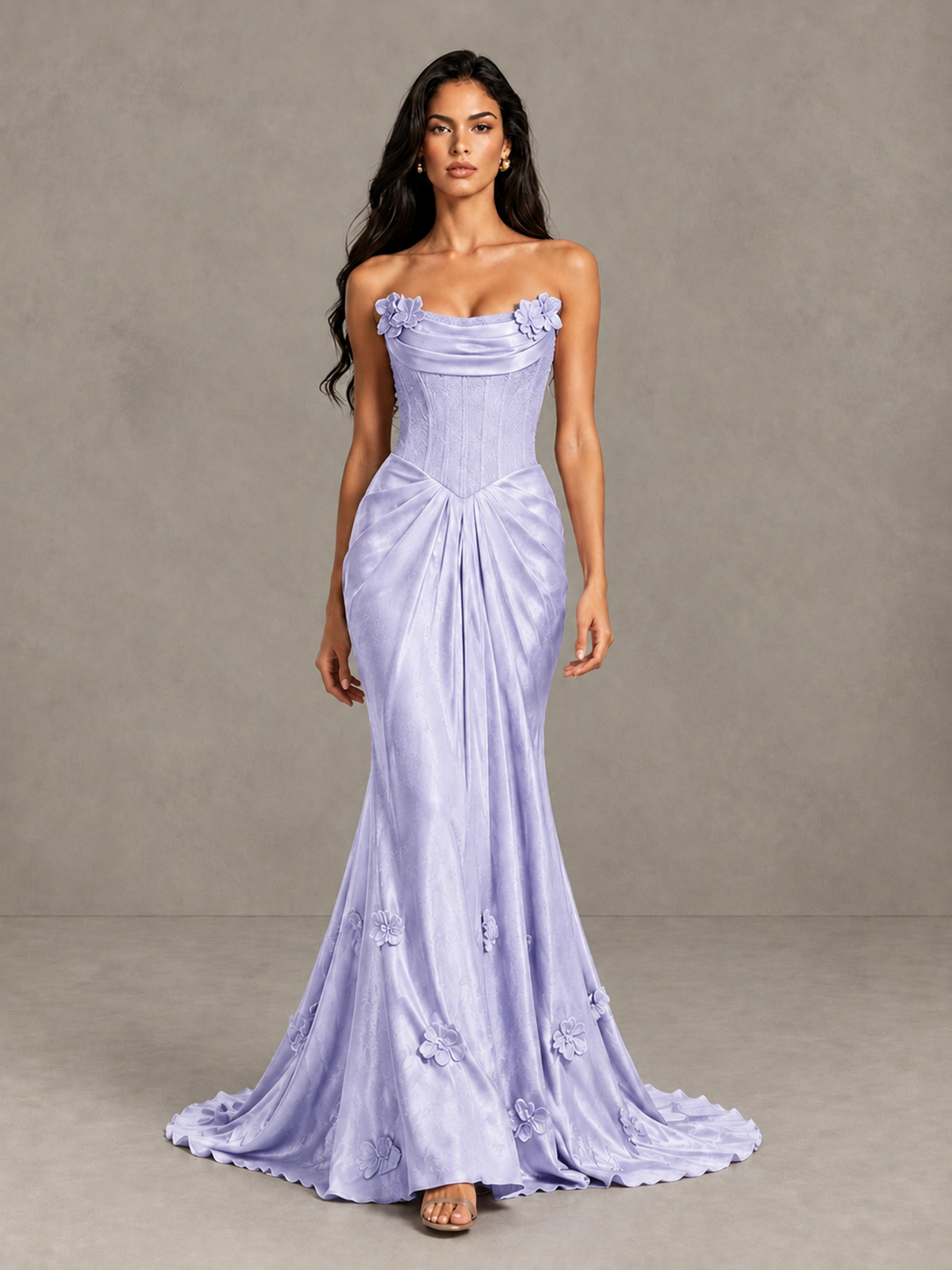 BOLODOO Lavender Strapless Floral Corset Evening Gown with Train - Lavender - Lavender_1