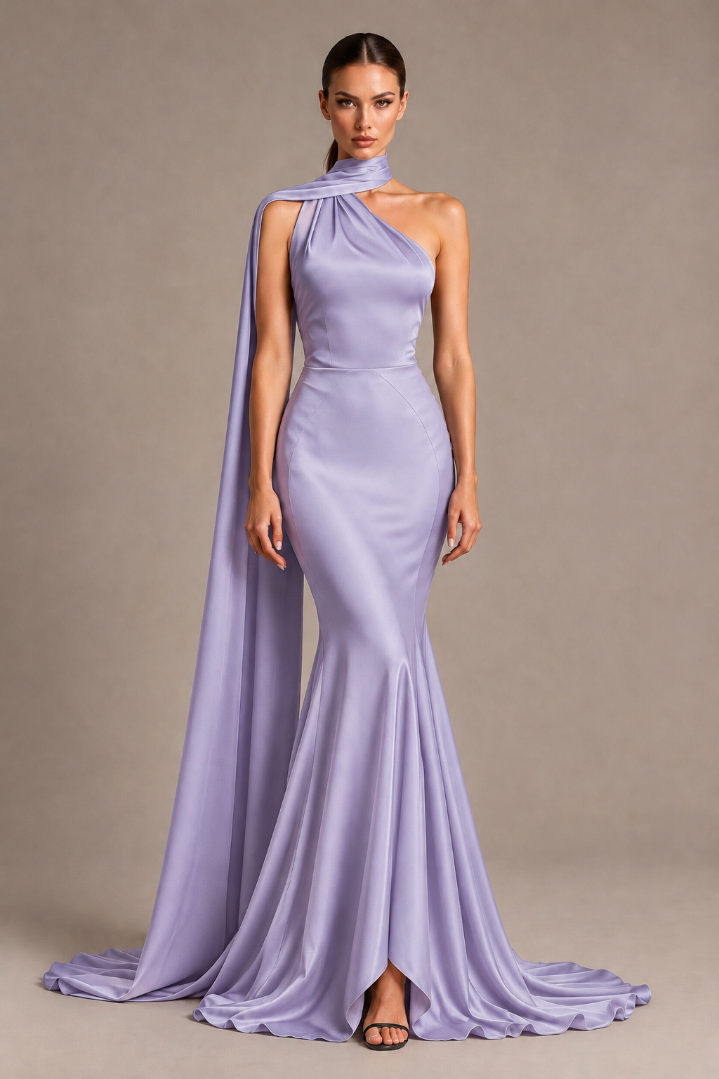 BOLODOO Lavender One-Shoulder Satin Mermaid Evening Dress with Scarf - Lavender - Lavender_1