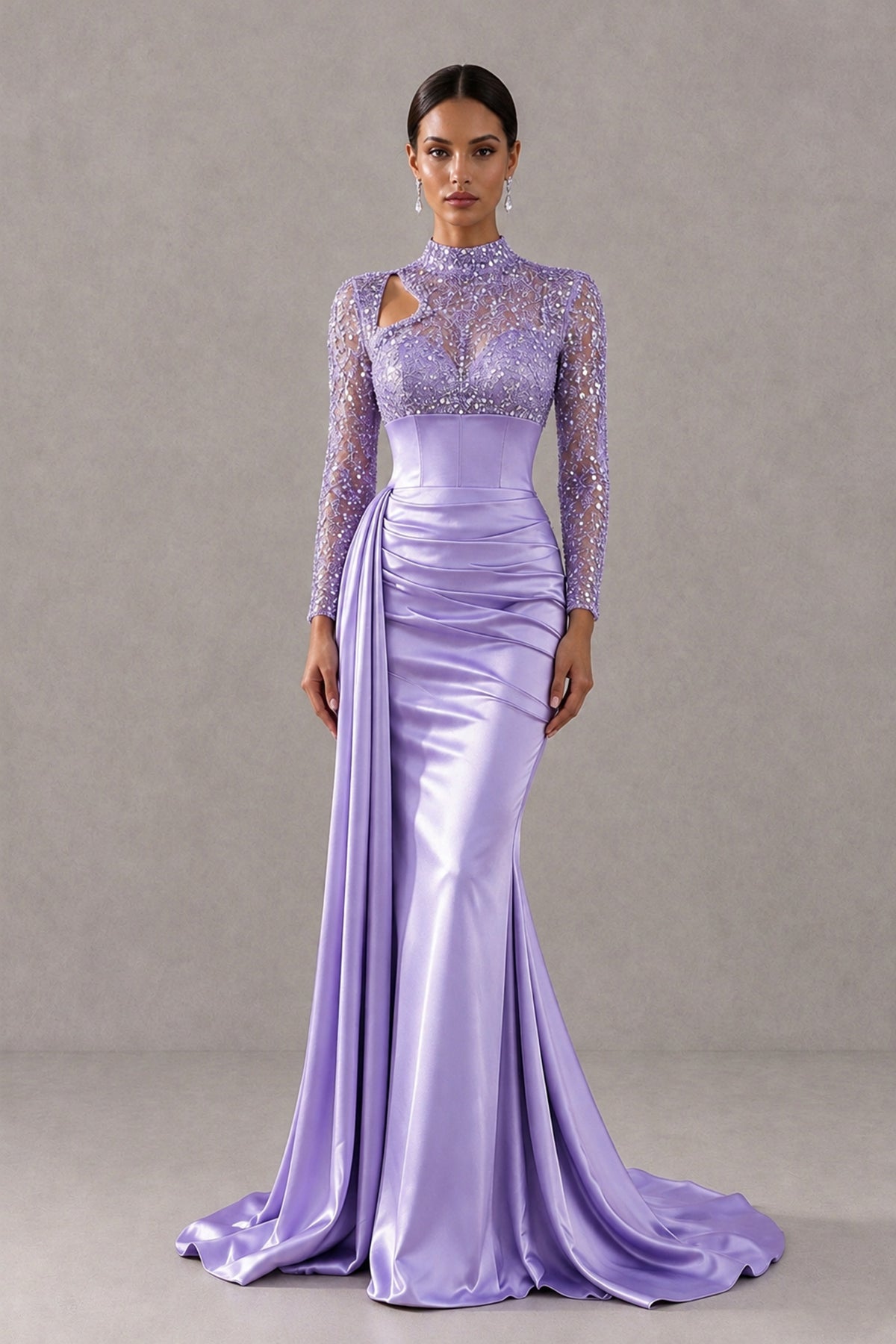 BOLODOO Lavender Long Sleeve Embellished Satin Mermaid Evening Gown - Lavender - Lavender_1