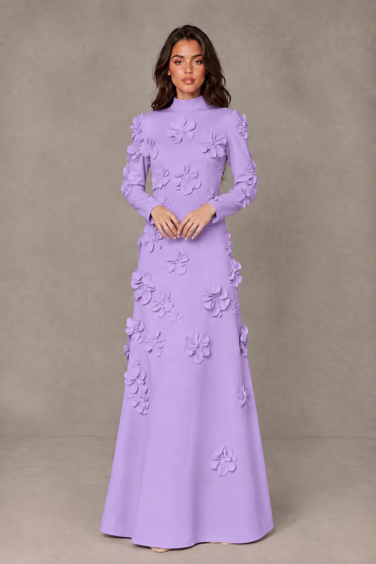 BOLODOO Lavender High Neck Long Sleeve 3D Floral Evening Gown - Lavender