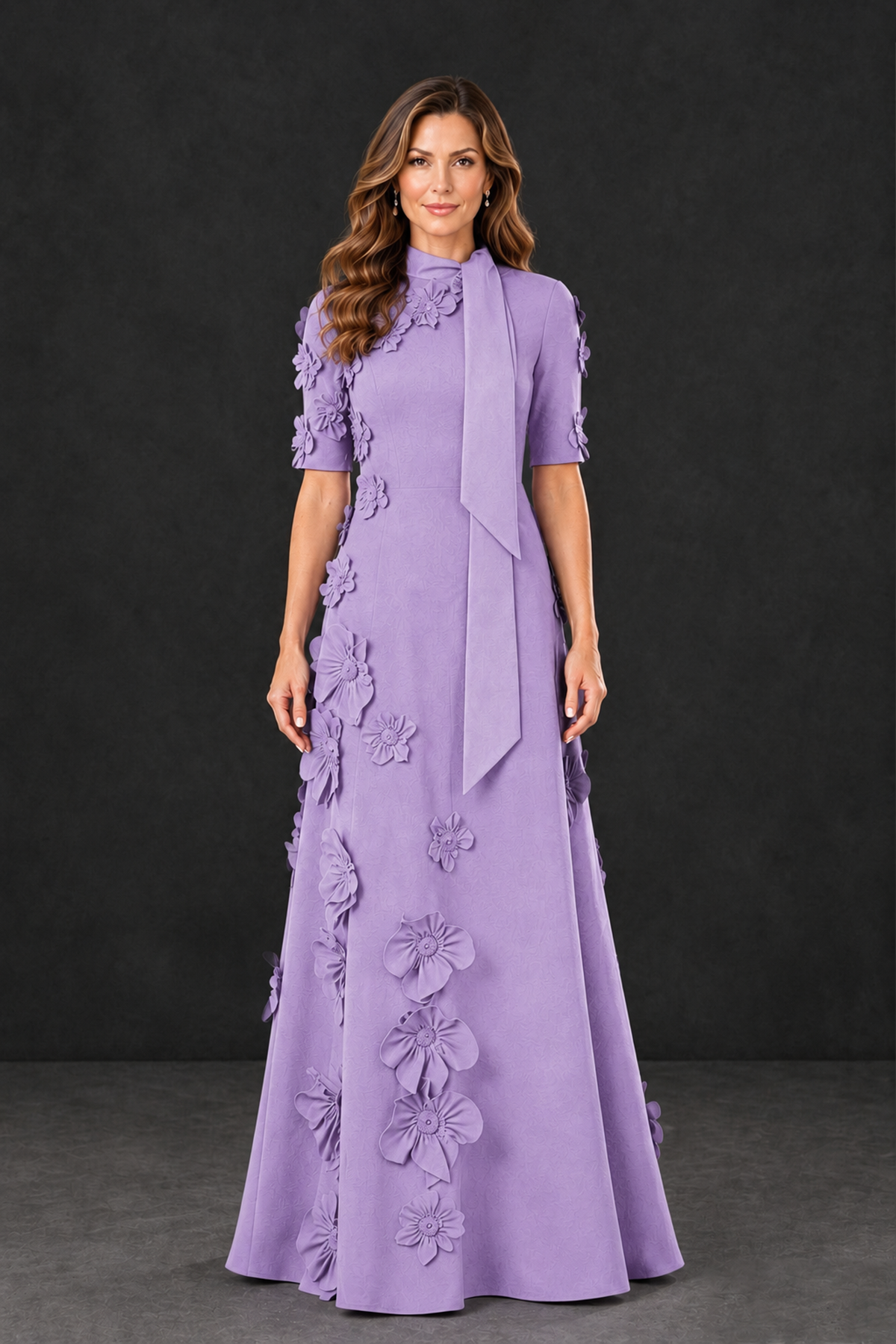 BOLODOO Lavender Floral Applique High-Neck Half-Sleeve Gown - Lavender - Lavender_1