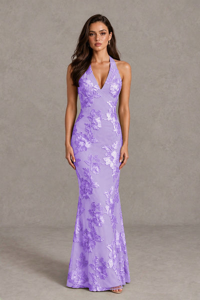 BOLODOO Lavender Floral Jacquard Halter Maxi Dress - Lavender - Lavender(1)