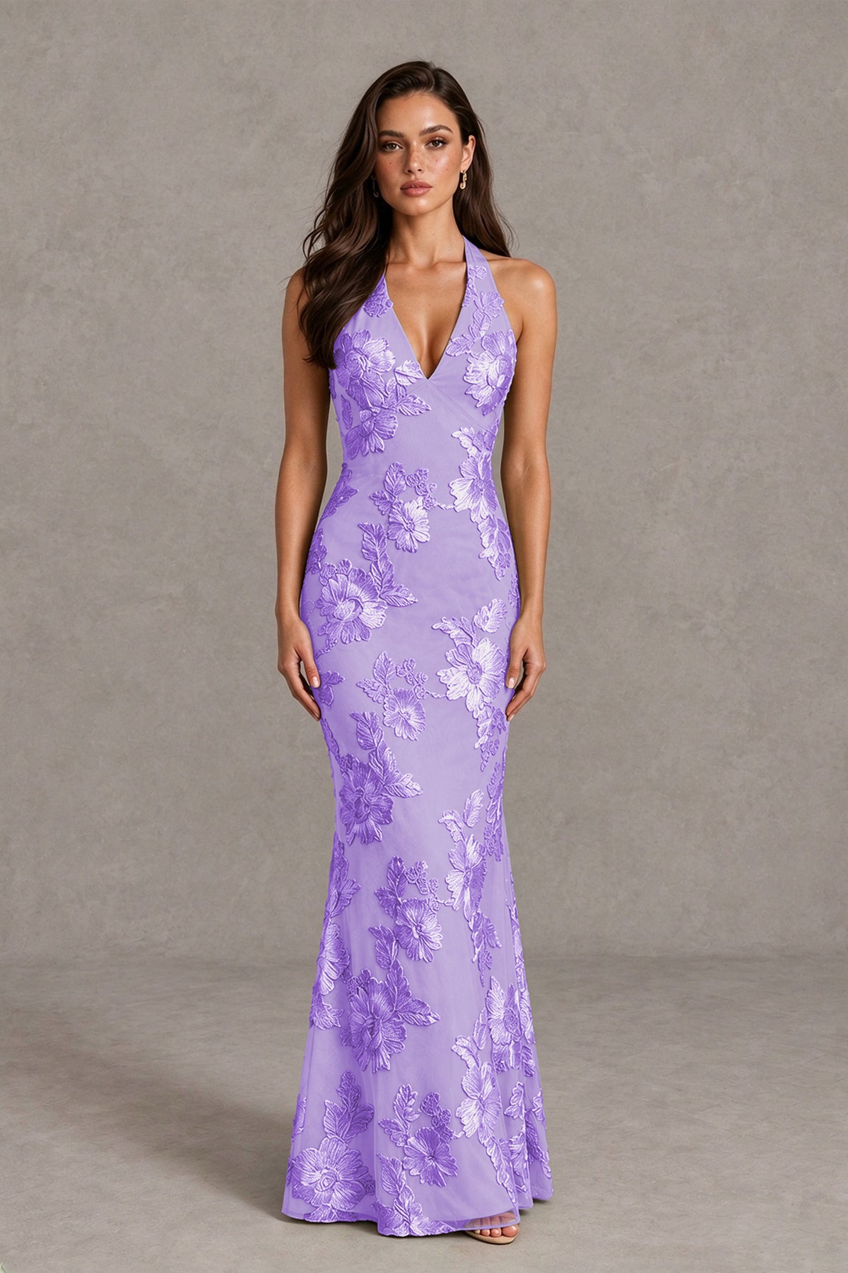 BOLODOO Lavender Floral Jacquard Halter Maxi Dress - Lavender - Lavender(1)