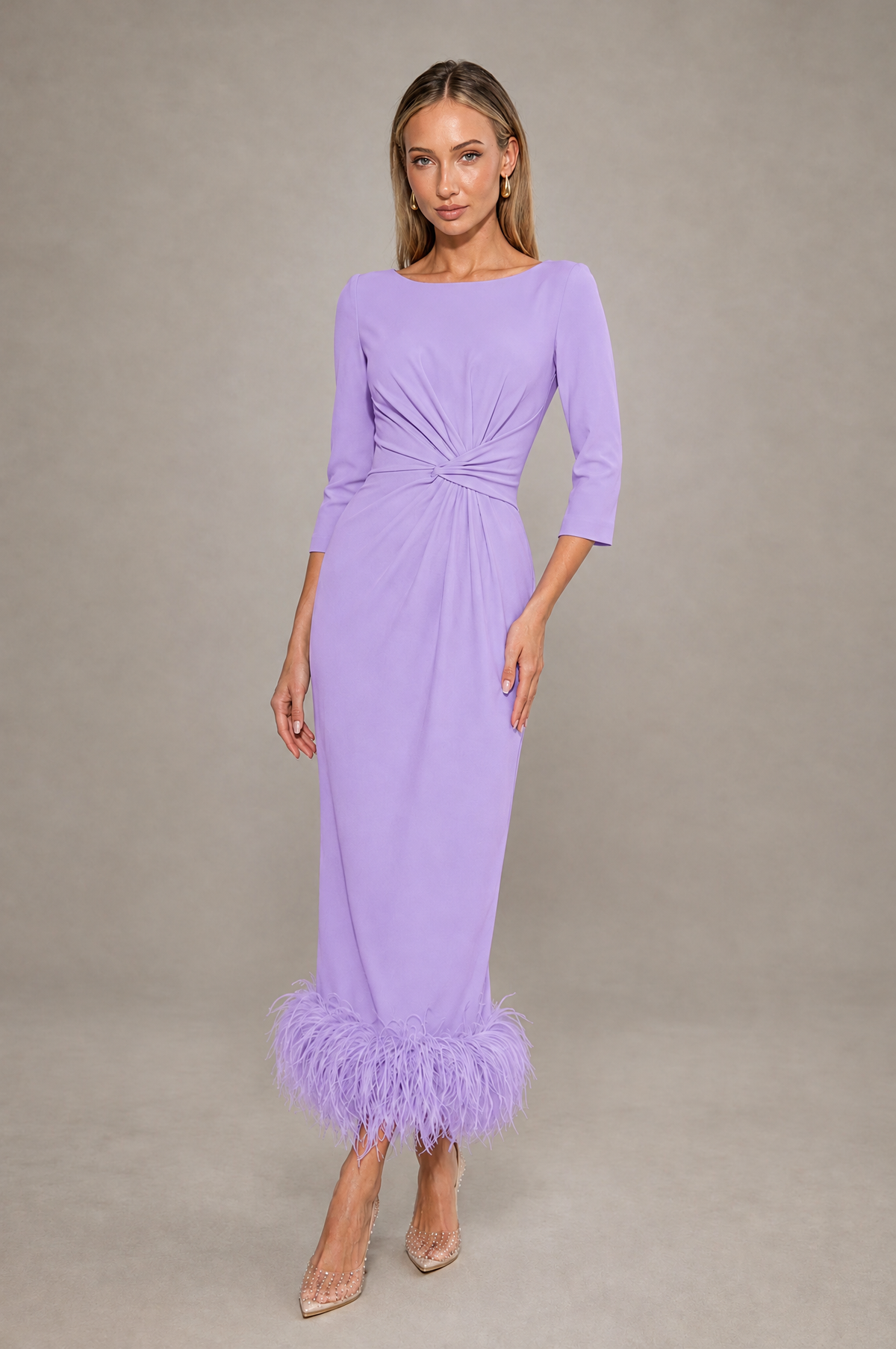 BOLODOO Lavender Feather-Trim Twist-Waist Midi Dress - Lavender - Lavender_1