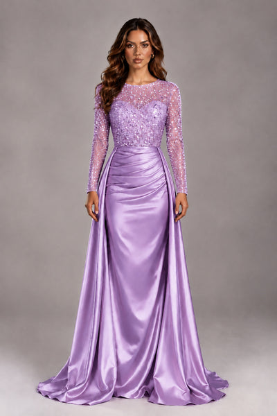 BOLODOO Lavender Long Sleeve Embellished Satin Evening Gown with Sweep Train - Lavender - Lavender_1