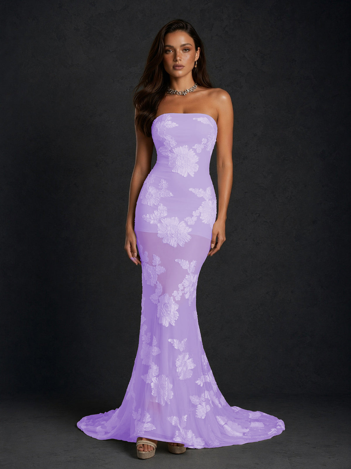 BOLODOO Lavender Champagne Gold Floral Sequin Embroidered Mesh Strapless Open Back Mermaid Maxi Dress with Train - Lavender