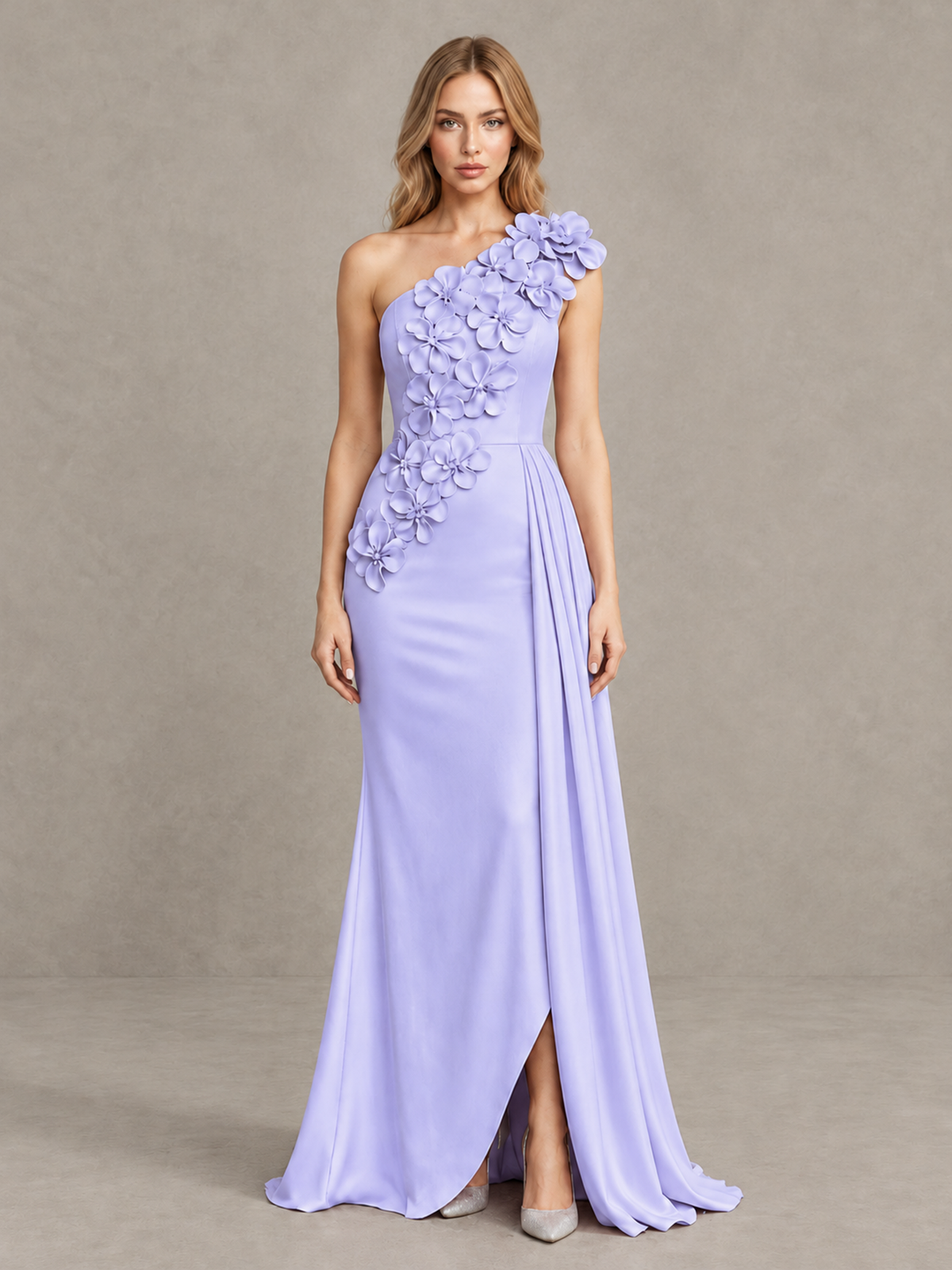 BOLODOO Lavender One-Shoulder Satin Mermaid Evening Gown with 3D Floral Appliqué - Lavender - Lavender_1