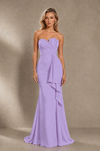 BOLODOO Lavender Strapless Sweetheart Ruched Mermaid Gown | Cascade Drape Formal Evening Dress - Lavender - Lavender_1