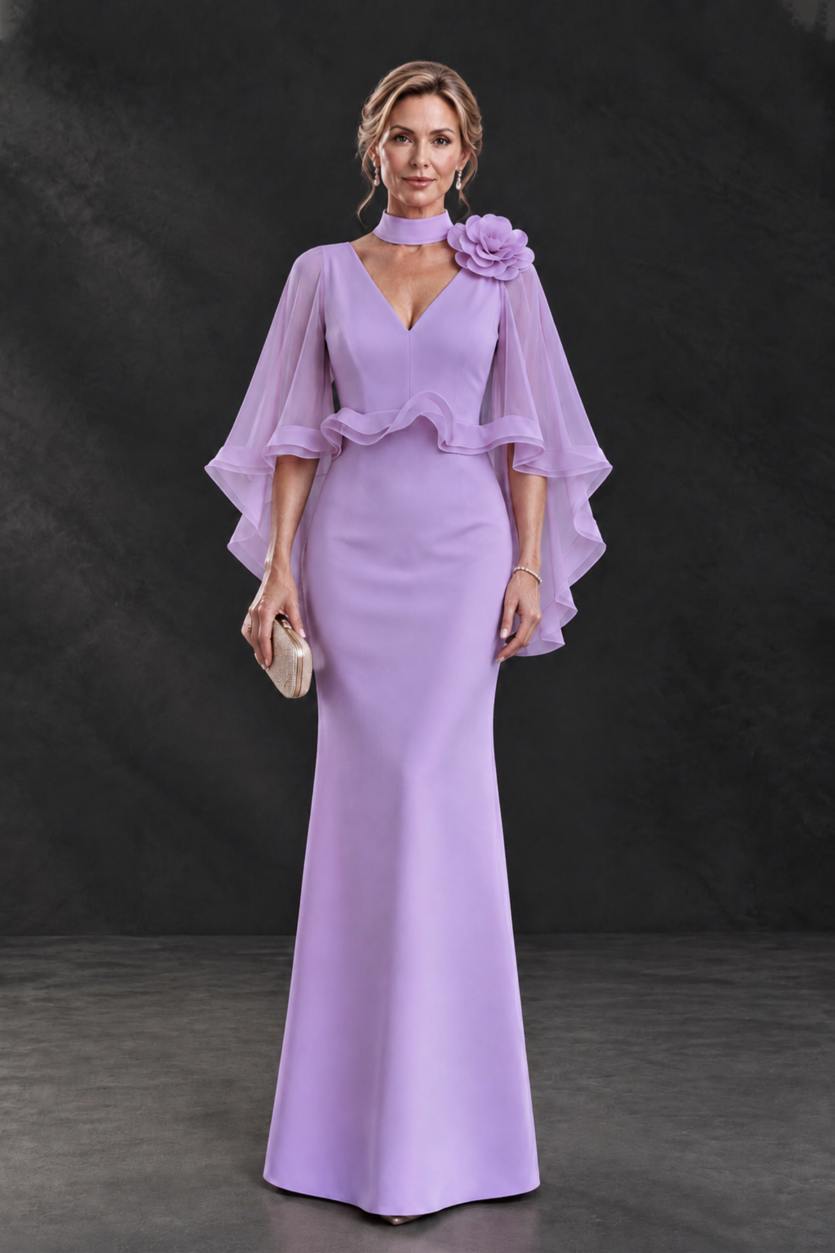 BOLODOO Lavender Floral Cape Sleeve Mother of the Bride Dress - Lavender - Lavender_1