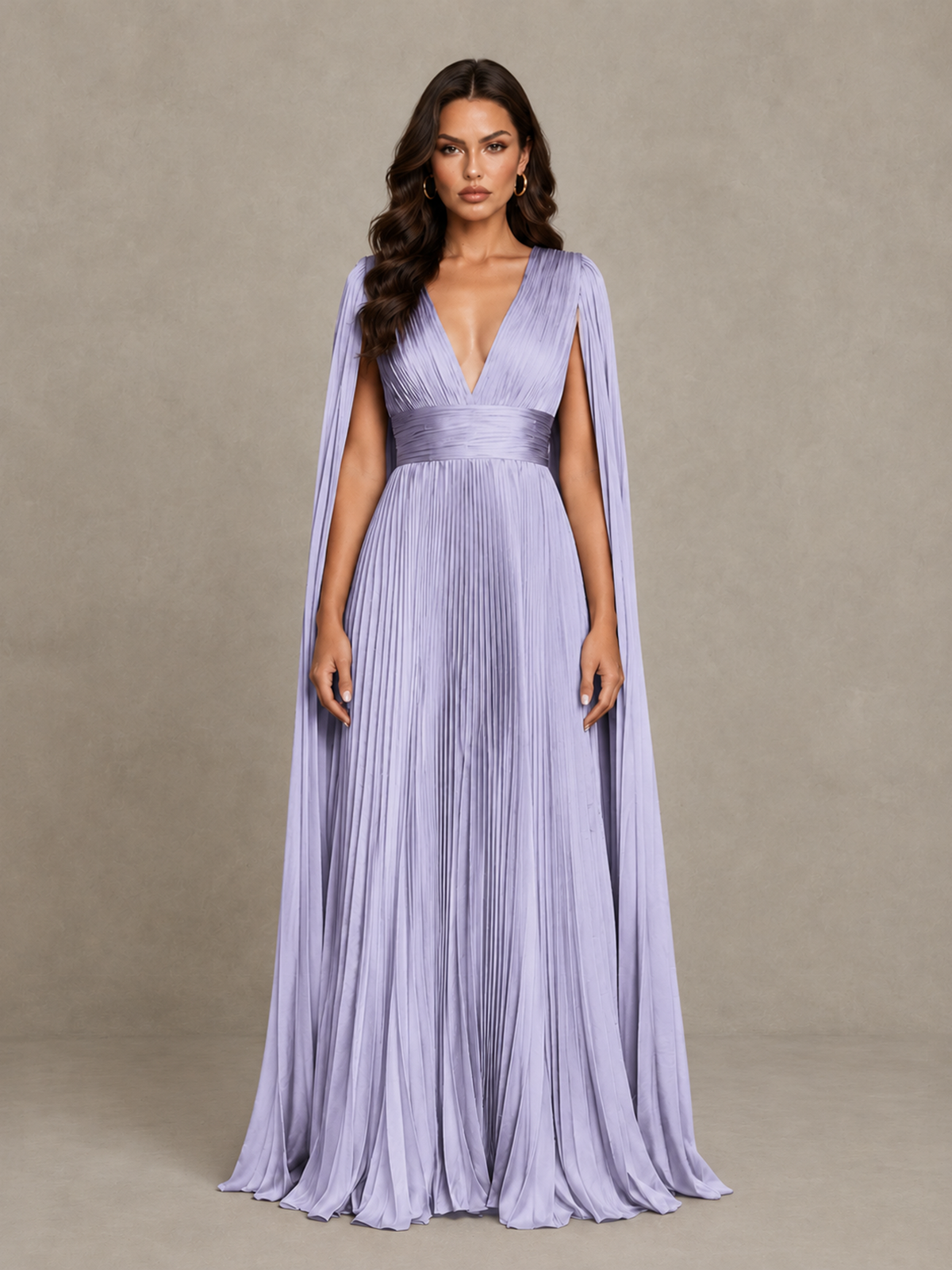 BOLODOO Lavender Deep V-Neck Pleated Cape Sleeve Evening Gown - Lavender - Lavender_1