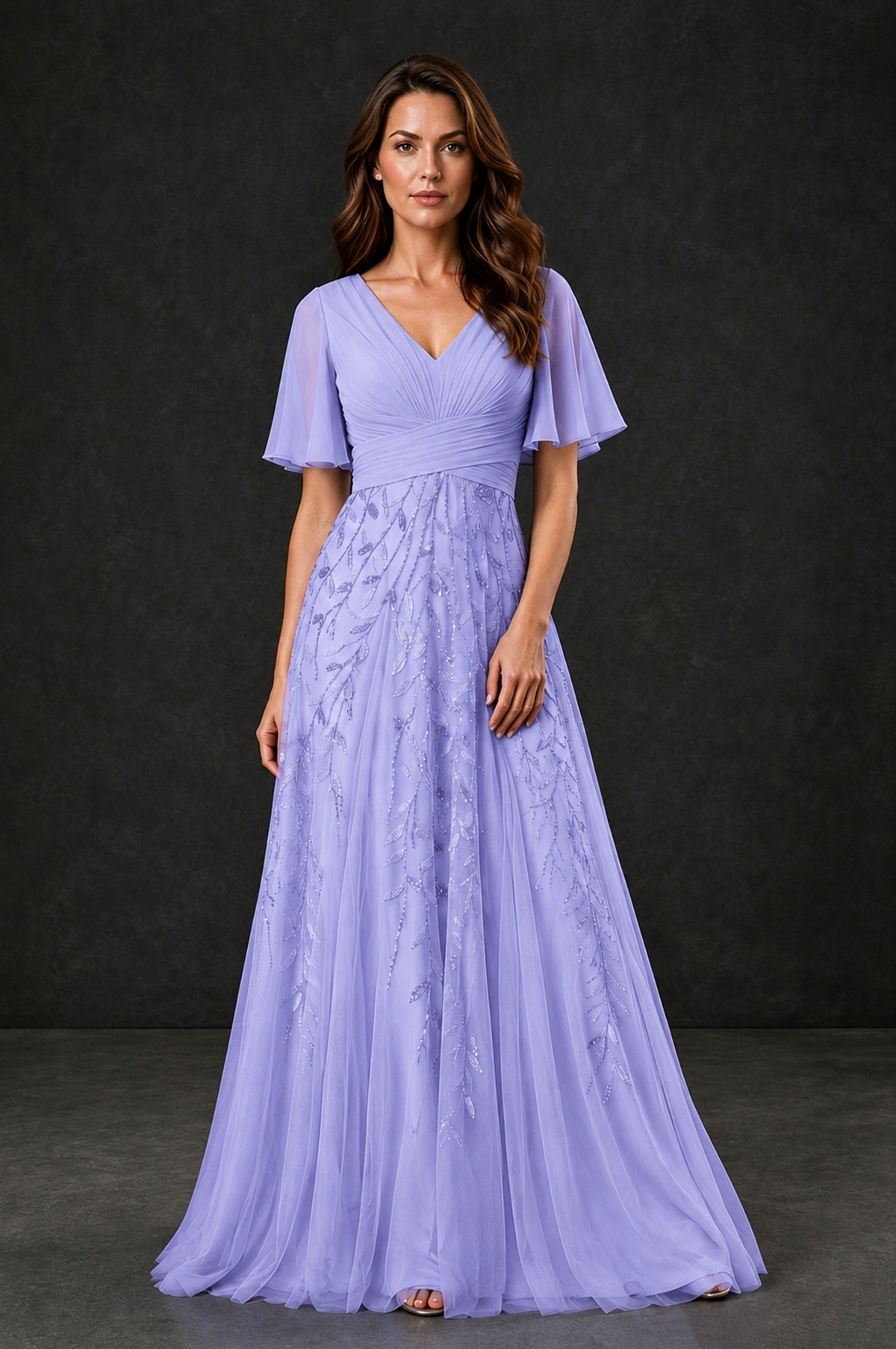 BOLODOO Lavender V-Neck Flutter Sleeve Beaded Botanical Tulle A-Line Gown | Mother of the Bride Evening Dress - Lavender - Lavender_1
