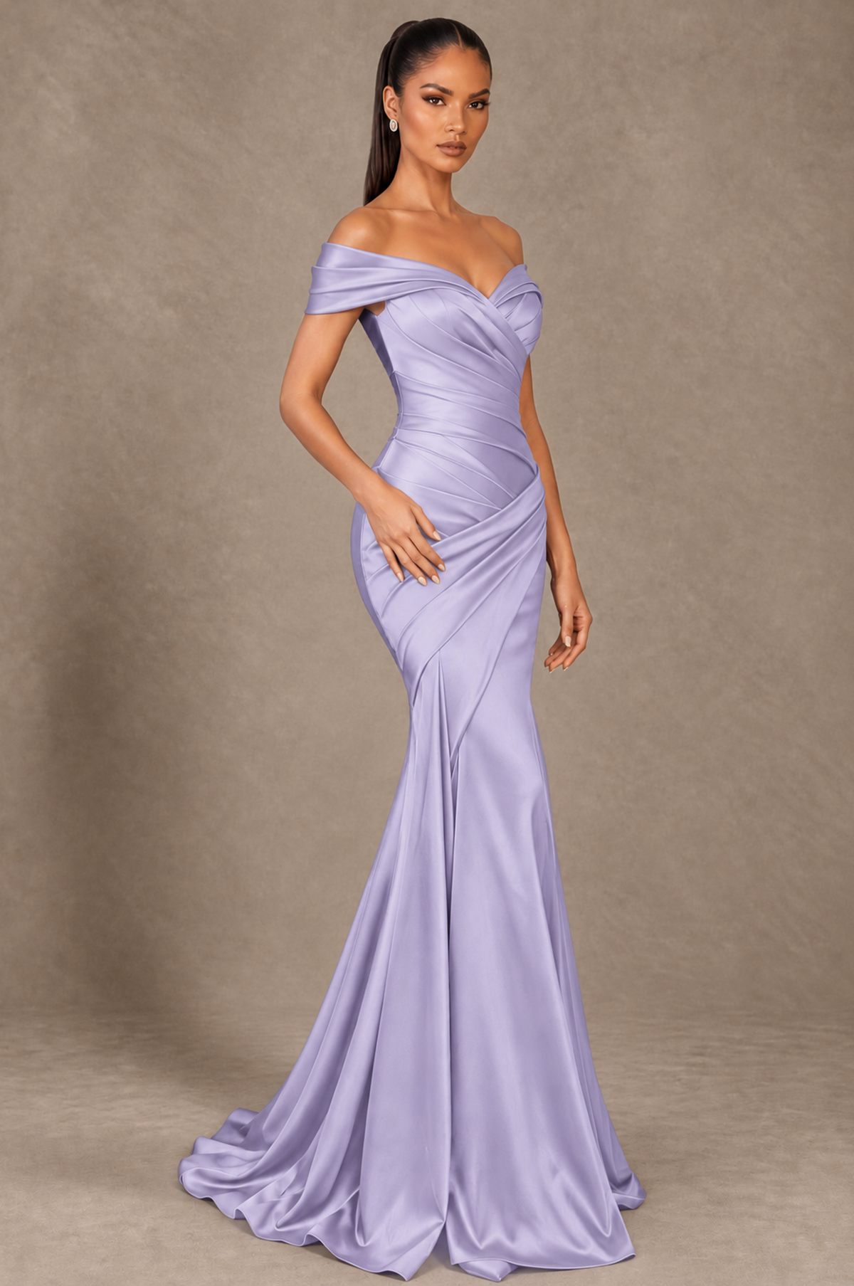 BOLODOO Lavender Off-the-Shoulder Ruched Satin Mermaid Evening Dress - Lavender - Lavender_2