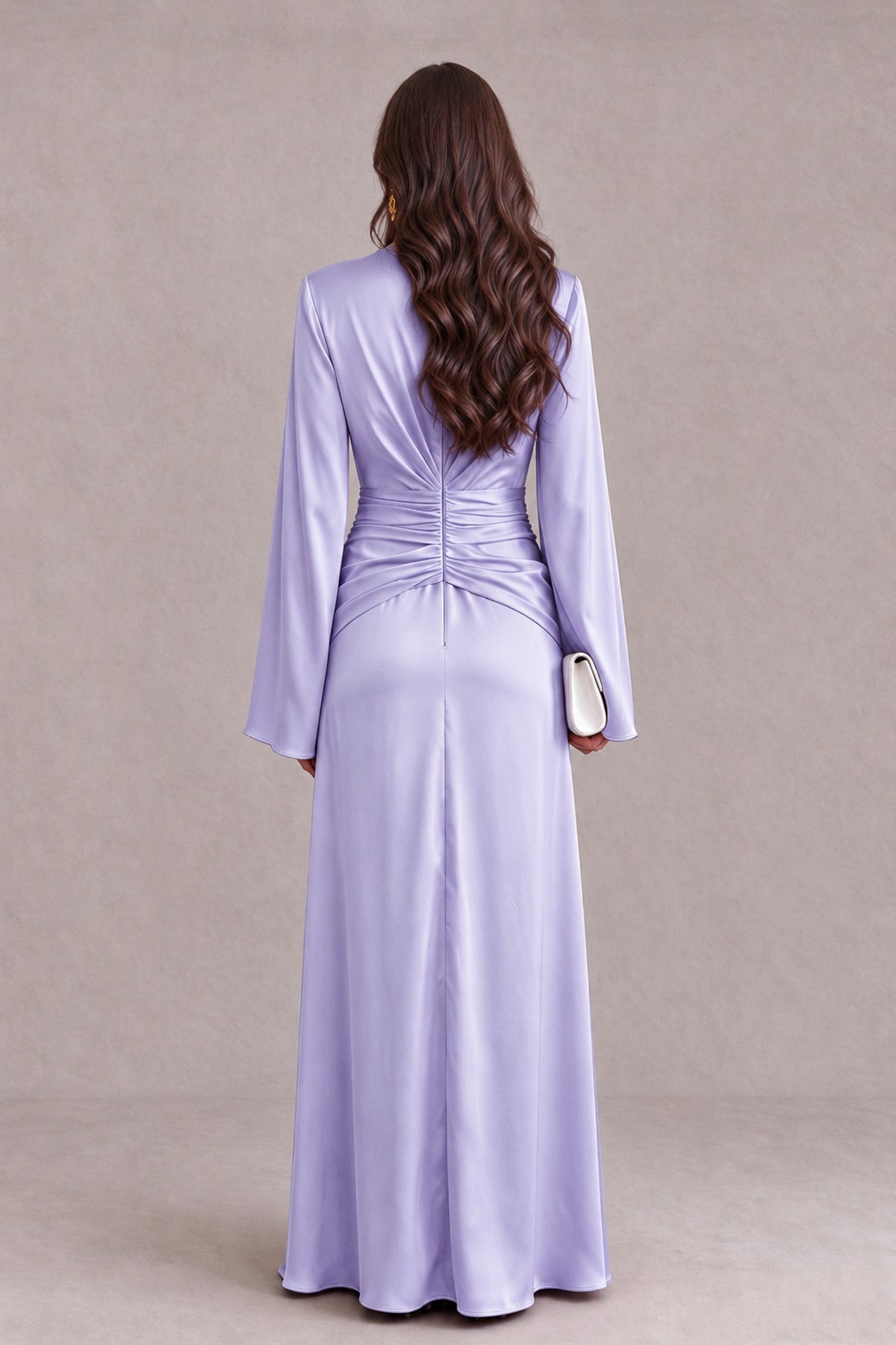 BOLODOO Lavender Yellow Satin-Look V-Neck Long Bell Sleeve Evening Dress - Lavender - Lavender_2