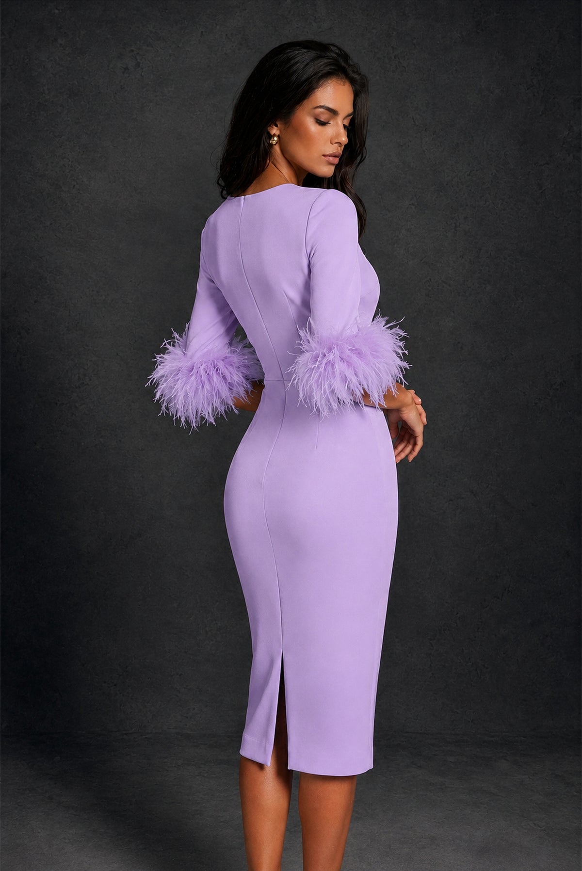 BOLODOO Lavender Ostrich Feather Cuff 3/4 Sleeve Round Neck Bodycon Midi Dress with Back Slit - Lavender